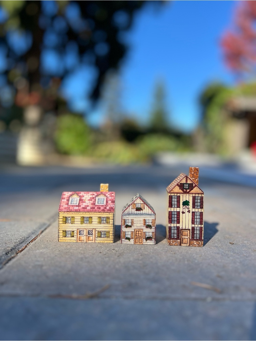 Vintage Hand Painted Wooden Village Houses Set of 3 | Primitive Folk Art